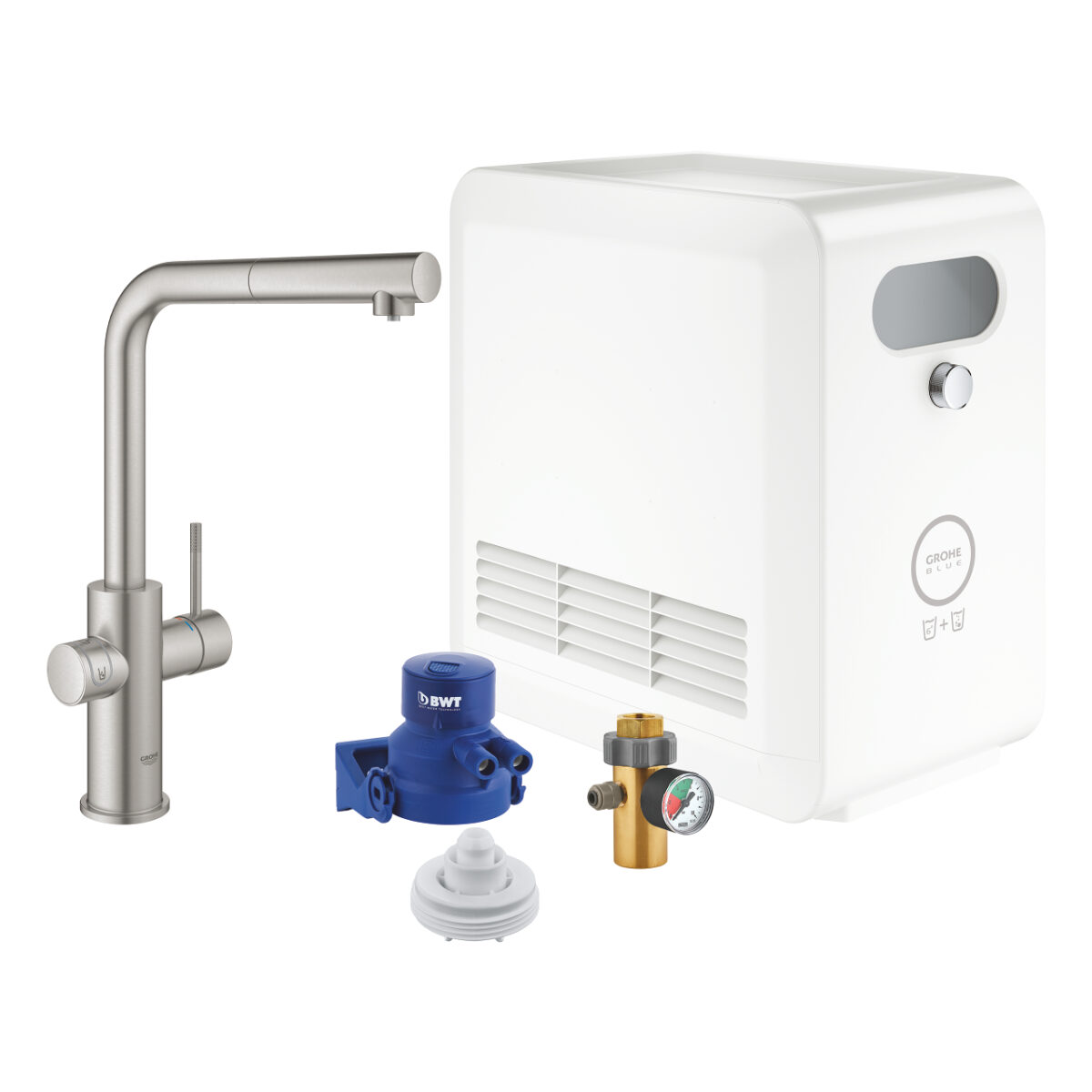 BLUE PROFESSIONAL ΚΙΤ ΜΕ ΡΟΥΞΟΥΝΙ L-SPOUT ΜΕ ΑΠΟΣΠΩΜΕΝΟ ΝΤΟΥΣ SUPERSTEEL 31326DC2 GROHE - Image 1