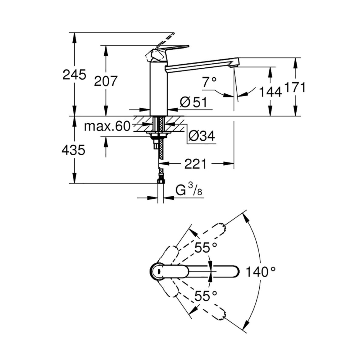 EUROSMART COSMOPOLITAN ΜΙΚΤΗΣ ΝΕΡΟΧΥΤΗ ΜΟΝΟΥ ΜΟΧΛΟΥ 1/2″ 30193000 GROHE - Image 2