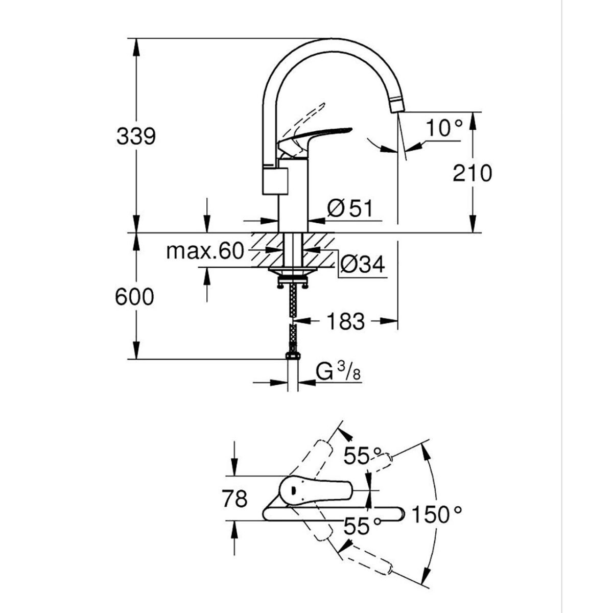 EUROSMART ΜΙΚΤΗΣ ΝΕΡΟΧΥΤΗ ΜΟΝΟΥ ΜΟΧΛΟΥ 1/2″ ΧΡΩΜΕ 33202003 GROHE - Image 2