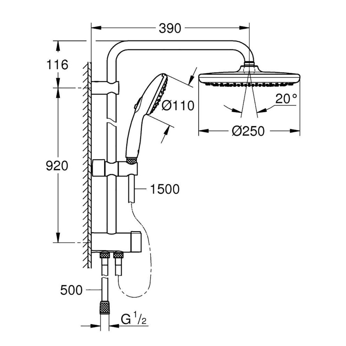 ΕΠΙΤΟΙΧΟ ΣΥΣΤΗΜΑ ΝΤΟΥΣ TEMPESTA SYSTEM FLEX 250 ΜΕ ΔΙΑΝΟΜΕΑ 26675001 GROHE - Image 2