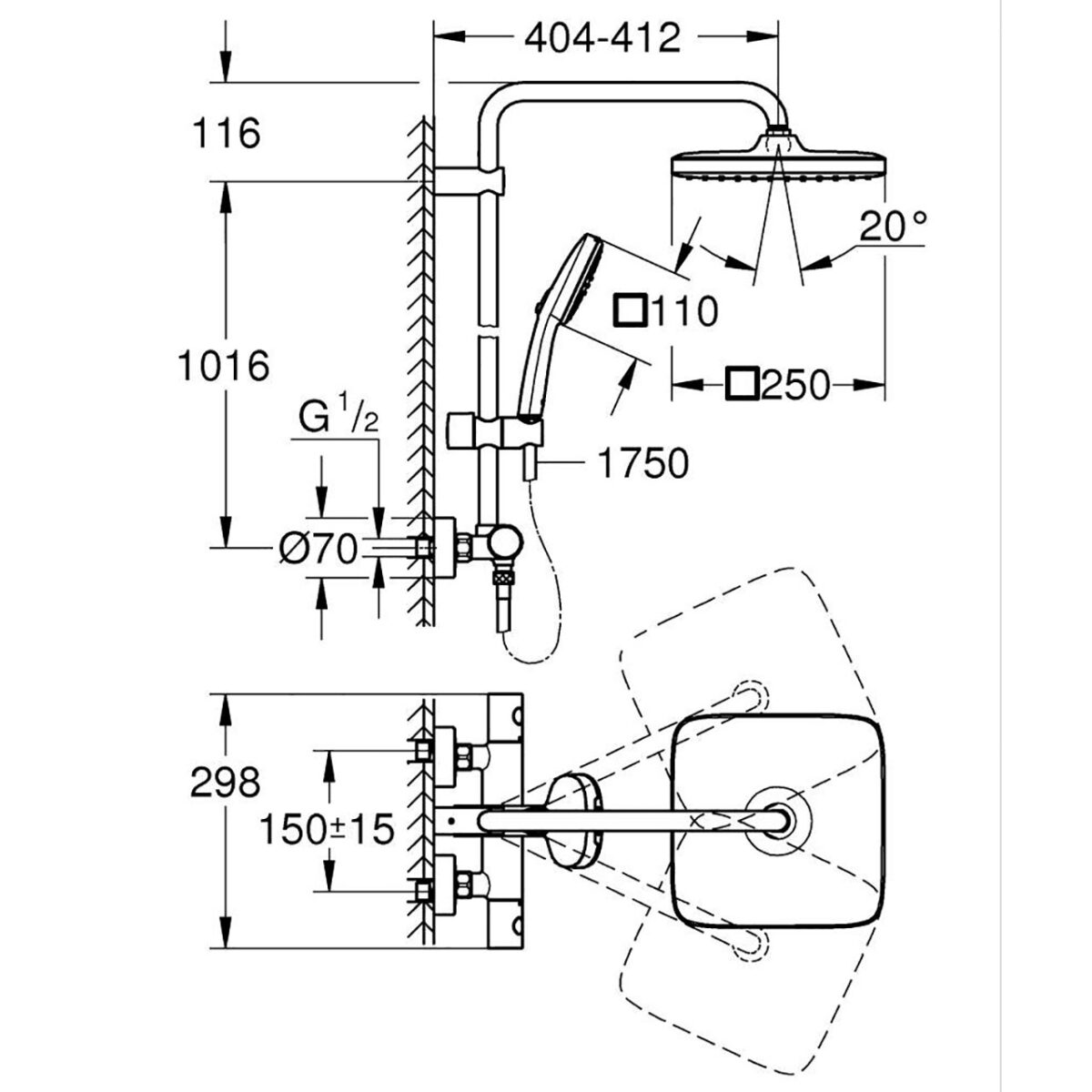 ΣΥΣΤΗΜΑ ΝΤΟΥΣ ΜΕ ΘΕΡΜΟΣΤΑΤΗ TEMPESTA SYSTEM 250 CUBE ΧΡΩΜΕ 26689001 GROHE - Image 2